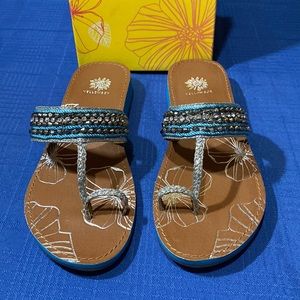 Yellow Box flip flop, silver & blue, new